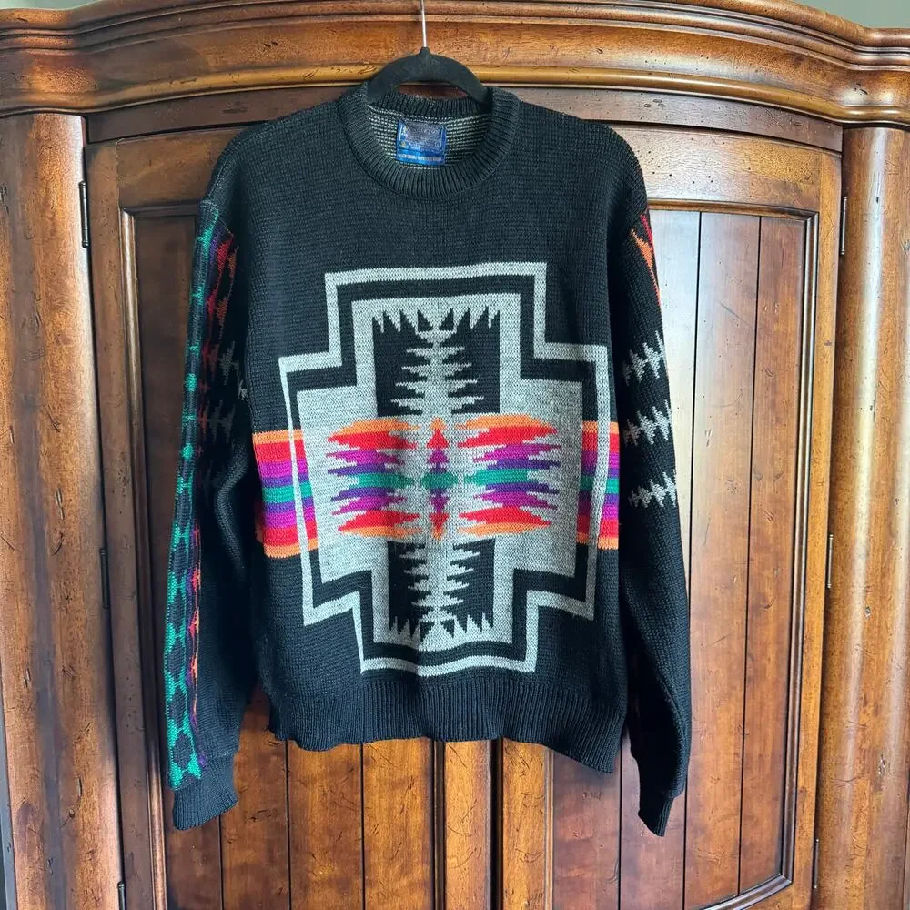 Pendleton Western Wear Black Knit Vintage 70s Unisex Wool L Sweater - Picture 3 of 11
